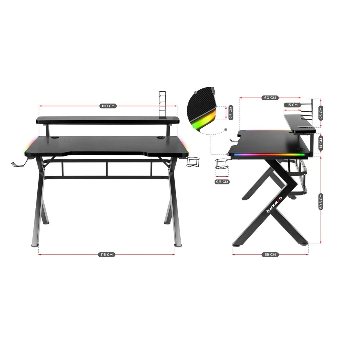 Huzaro HZ-Hero 5.0 RGB Gaming Desk, Black Carbon Fiber Steel, 116 x 69.5 x 59 cm