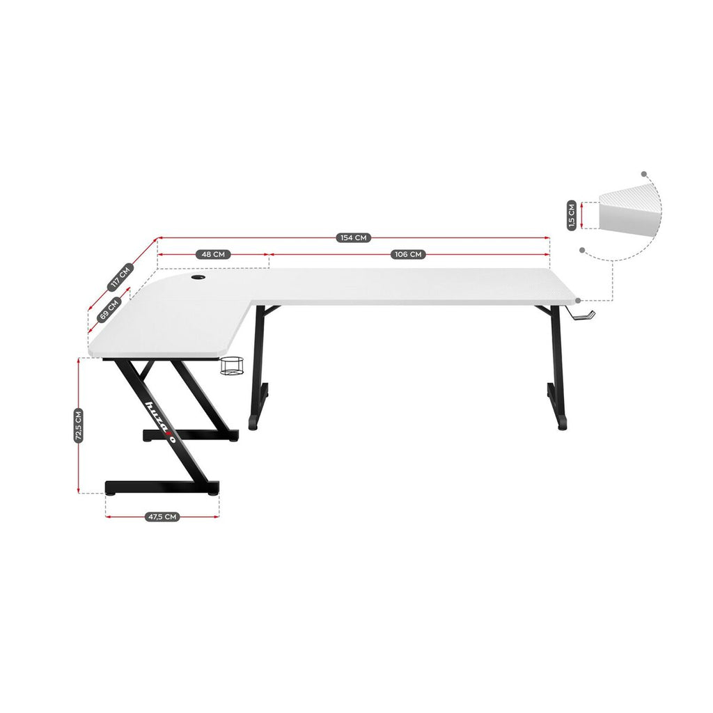 Huzaro HZ-Hero 7.0 Gaming Desk, White/Black, Carbon Fiber, 154 x 72.5 x 117 cm