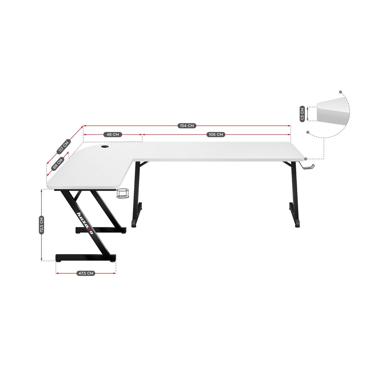 Huzaro HZ-Hero 7.0 Gaming Desk, White/Black, Carbon Fiber, 154 x 72.5 x 117 cm