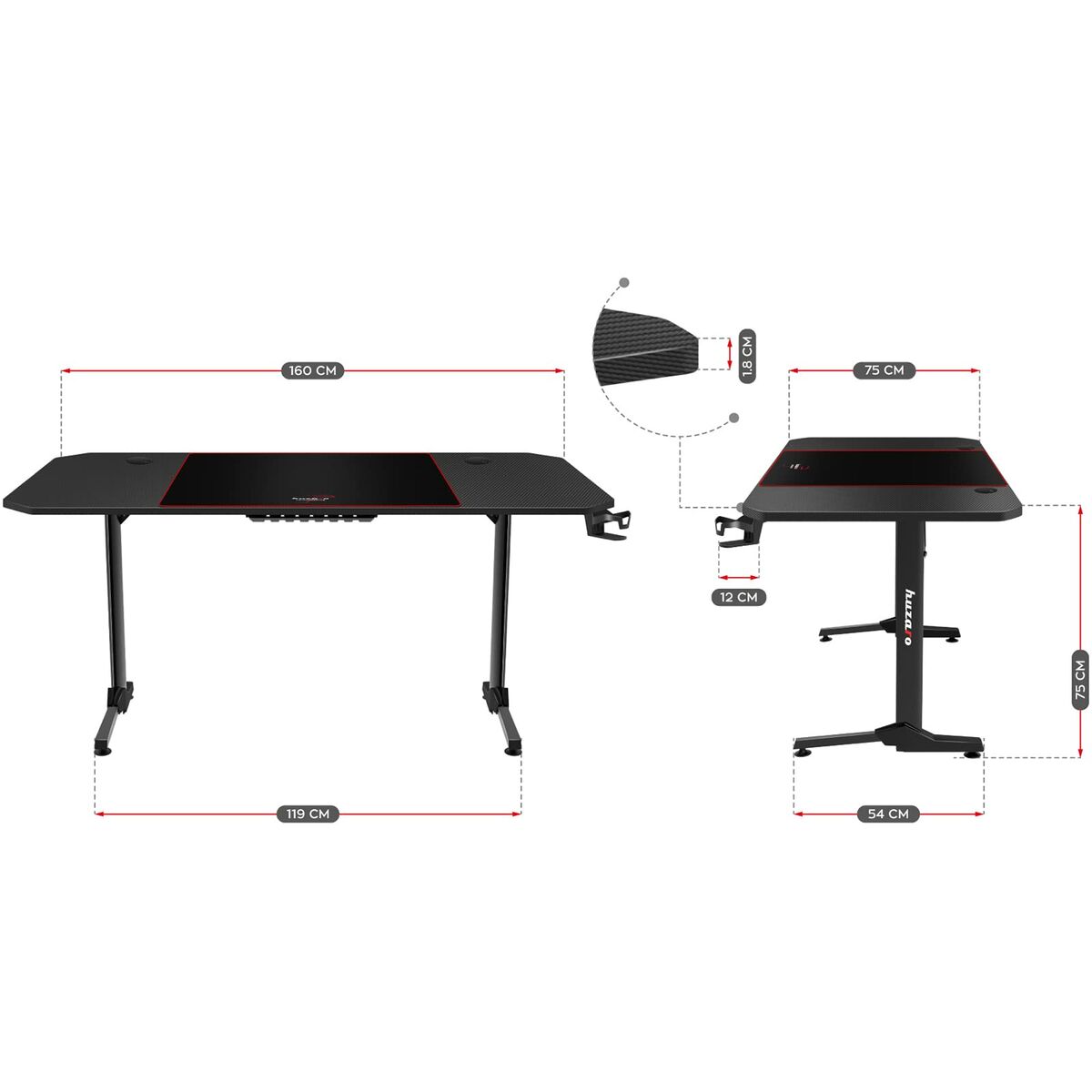 Huzaro HZ-Hero 4.7 Gaming Desk, Black MDF Wood, 160 x 75 cm