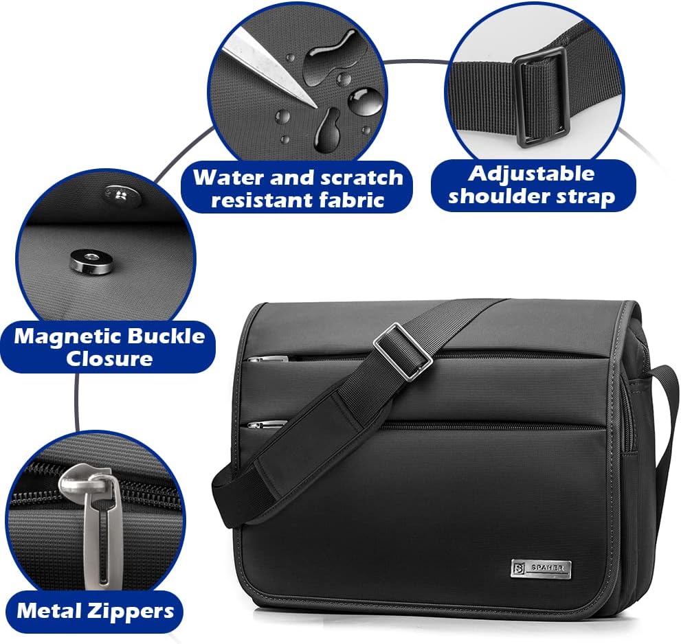 SPAHER Bolsa mensageiro homem mala de ombro homem mala tiracolo maletin homem 14 polegadas porta portátil homem mala de ombro de trabalho escritório de negócios impermeável presente para homem preto