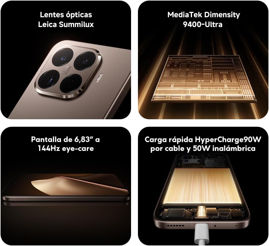 XIAOMI 15T Pro - Smartphone de 12+1024GB, Lente óptica Leica Summilux, MediaTek Dimensity 9400+, Pantalla Eye Care de 6,83" 144 Hz, HyperCharge de 90W, Cargador no Incluido, Mocha Gold (Versión ES)
