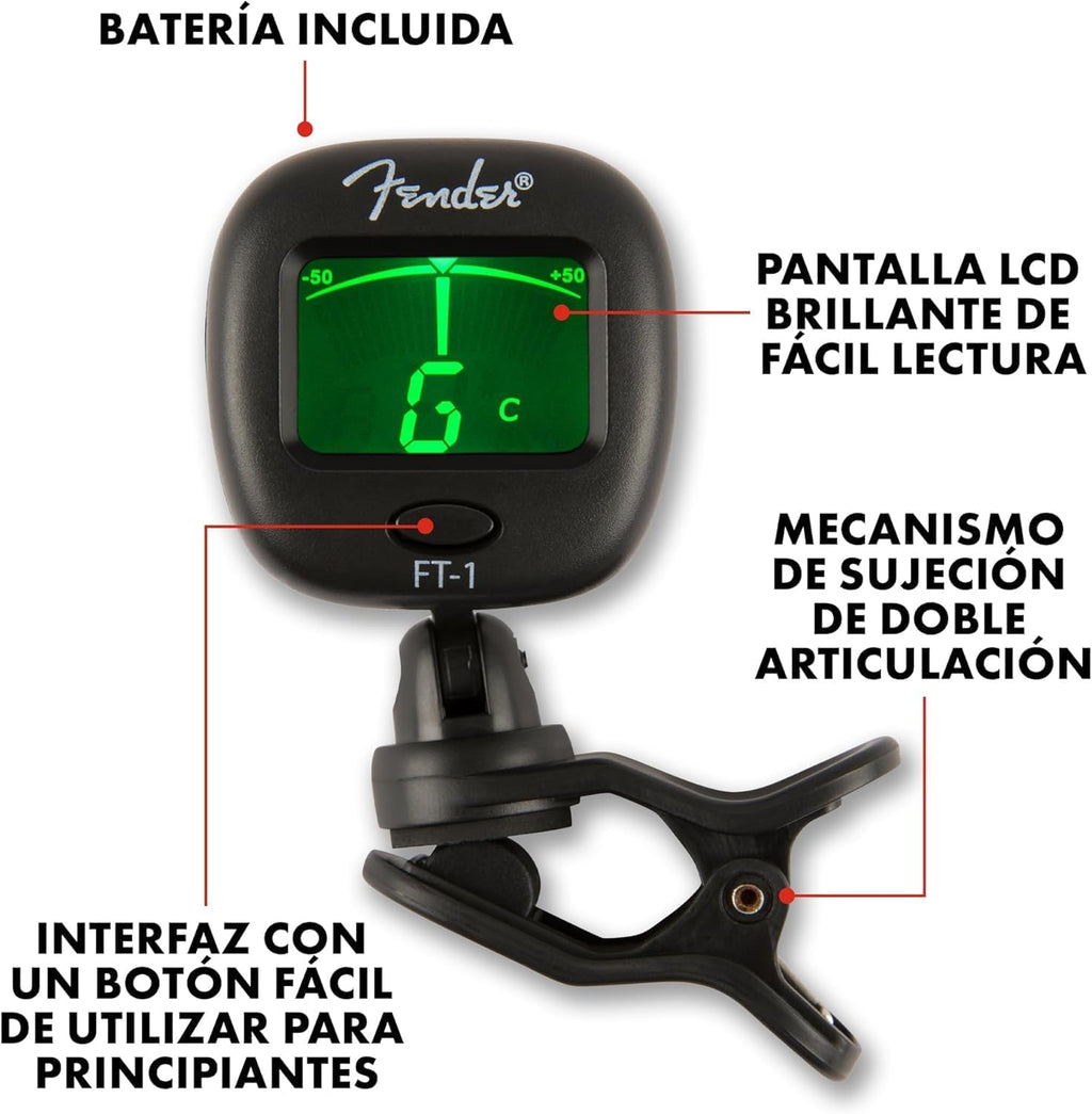 Fender FT-1 Pro Afinador de Pinza Gen 1, Para Guitarras Eléctricas, Acústicas y Bajo, Negro