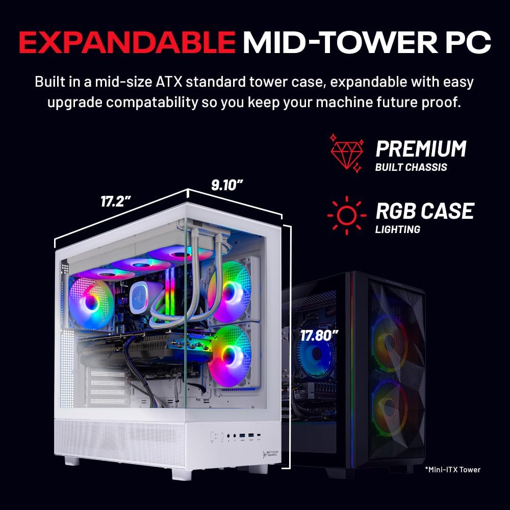 Skytech Gaming Azure 3 Gaming PC, AMD Ryzen 7 9700X 3.8GHz, NVIDIA RTX 5060, 1TB NVMe SSD, 32GB DDR5 RAM 6000, 850W Gold ATX 3 PSU, 360 ARGB AIO, Wi-Fi, Win 11, Desktop