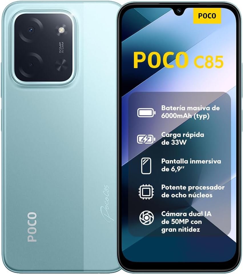 XIAOMI POCO C85 - Smartphone de 8+256GB, Cámara Dual de 50MP con AI, Pantalla inmersiva de 6,9”, Potente procesador Octa-Core, Carga rápida de 33W, 6000mAh, Cargador no Incluido, Verde (Versión ES)