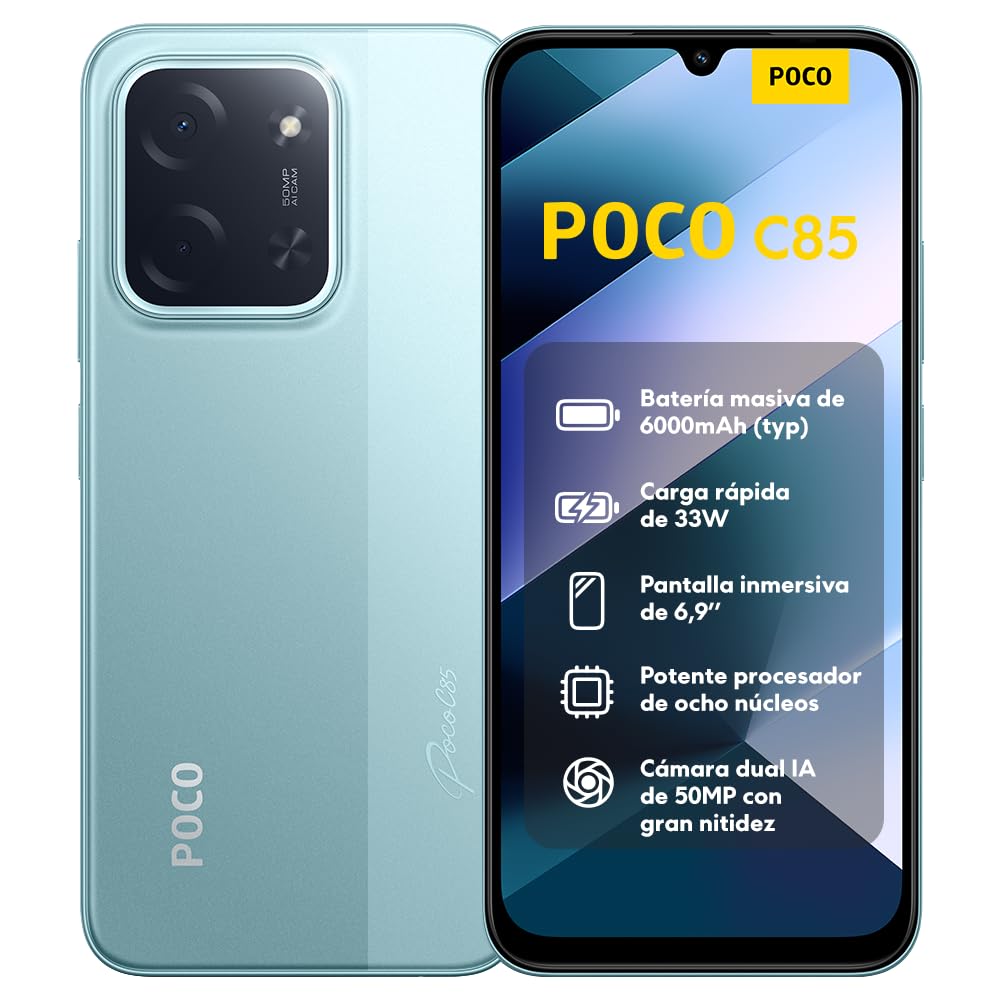 XIAOMI POCO C85 - Smartphone de 8+256GB, Cámara Dual de 50MP con AI, Pantalla inmersiva de 6,9”, Potente procesador Octa-Core, Carga rápida de 33W, 6000mAh, Cargador no Incluido, Verde (Versión ES)