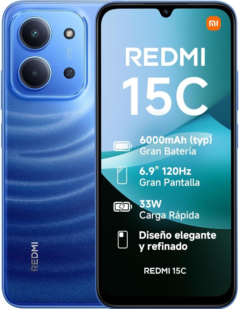 XIAOMI Redmi 15C - Smartphone de 4+128GB, Cámara Dual con IA de 50 MP, Pantalla inmersiva de 6,9" 120 Hz, Potente procesador octacore, Carga rápida de 33W, Cargador no Incluido, Azul (Versión ES)