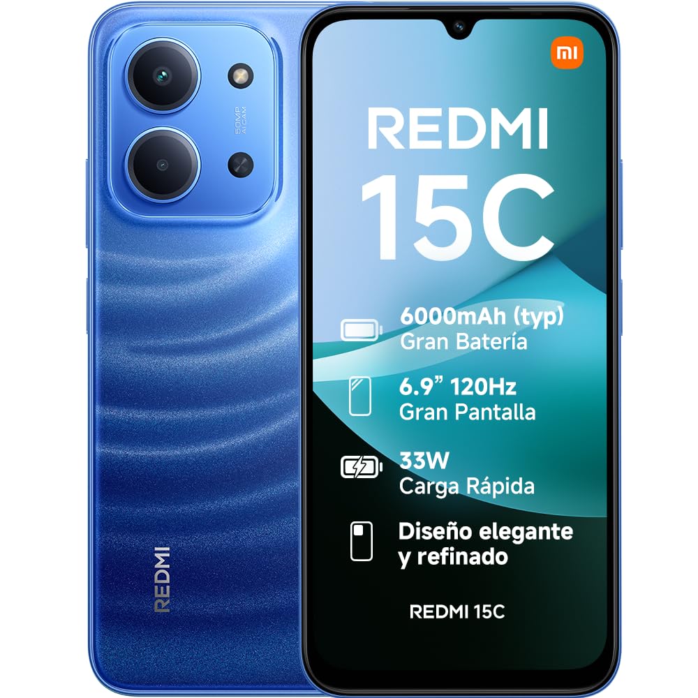 XIAOMI Redmi 15C - Smartphone de 4+128GB, Cámara Dual con IA de 50 MP, Pantalla inmersiva de 6,9" 120 Hz, Potente procesador octacore, Carga rápida de 33W, Cargador no Incluido, Azul (Versión ES)