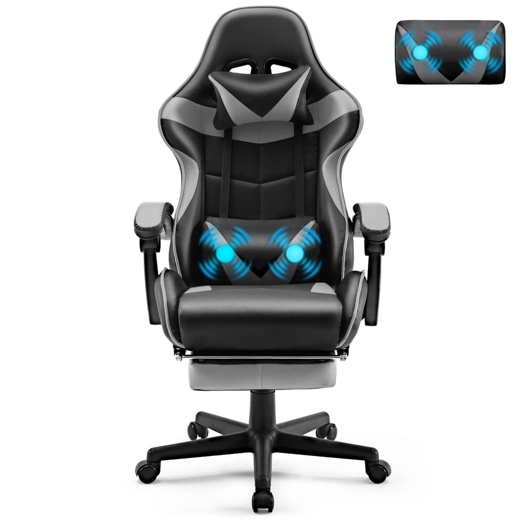 Silla gamer Soontrans con masajeador, reposapiés y reposacabezas, ergonómica, cojín de masaje lumbar, transmisión en vivo de YouTube y PlayStation (azul) 