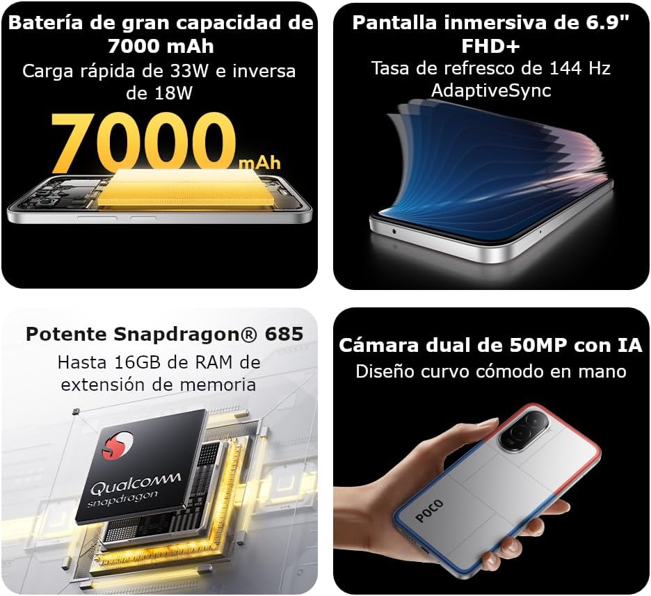 XIAOMI POCO M7 - Smartphone de 8+256GB, Cámara Dual de 50MP con AI, Pantalla inmersiva de 6,9” FHD+, Snapdragon 685, Carga rápida de 33W y Reversible de 18W, Cargador no Incluido, Plata (Versión ES)