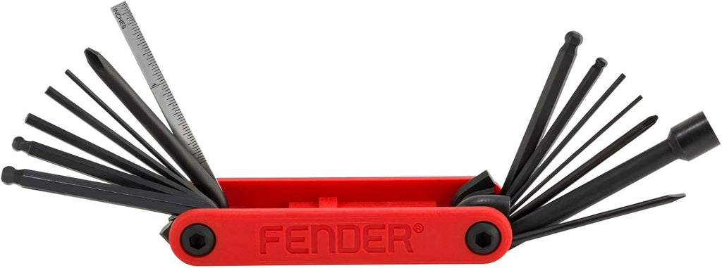Fender Guitar,Bass Multi-Tool, 14-in-1 Maintenance Tool with Hex Wrenches, Screwdrivers, Truss Rod Socket, Durable Chrome Vanadium, Compact Design, Red