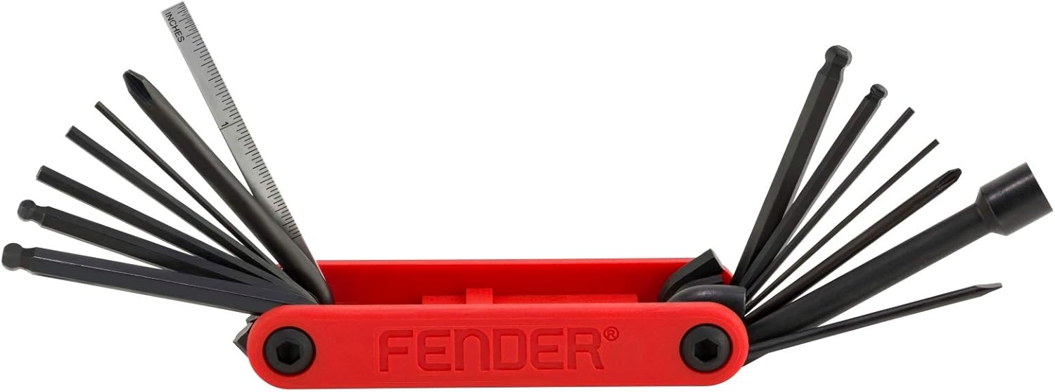 Fender Guitar,Bass Multi-Tool, 14-in-1 Maintenance Tool with Hex Wrenches, Screwdrivers, Truss Rod Socket, Durable Chrome Vanadium, Compact Design, Red