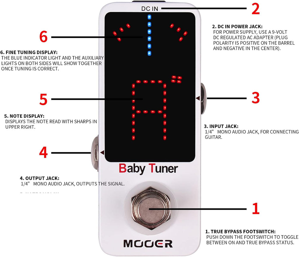 MOOER Tuner Pedal, Baby Tuner Guitar Pedal Mute Function Micro Tuner Tuning Pedal for Electric Instruments Electro-Acoustic Instruments