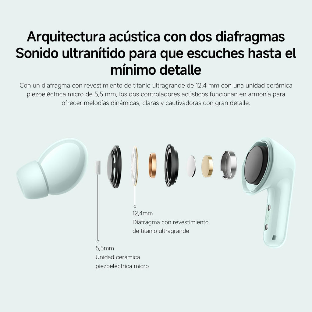 XIAOMI Redmi Buds 6 - Auriculares inalámbrico, cancelación de Ruido, Ligero, 10 Horas de autonomía y 42 Horas con el Estuche de Carga, Bluetooth, Verde (Versión ES)