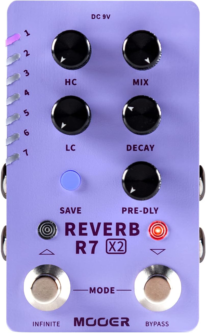 MOOER R7 X2 Stereo Multi Reverb Pedal from Classic Reverb to Modern Ambient, 14 different Reverb types with High Cut, Low Cut, Mix Parameter Knobs and Infinite and Trail-on functions