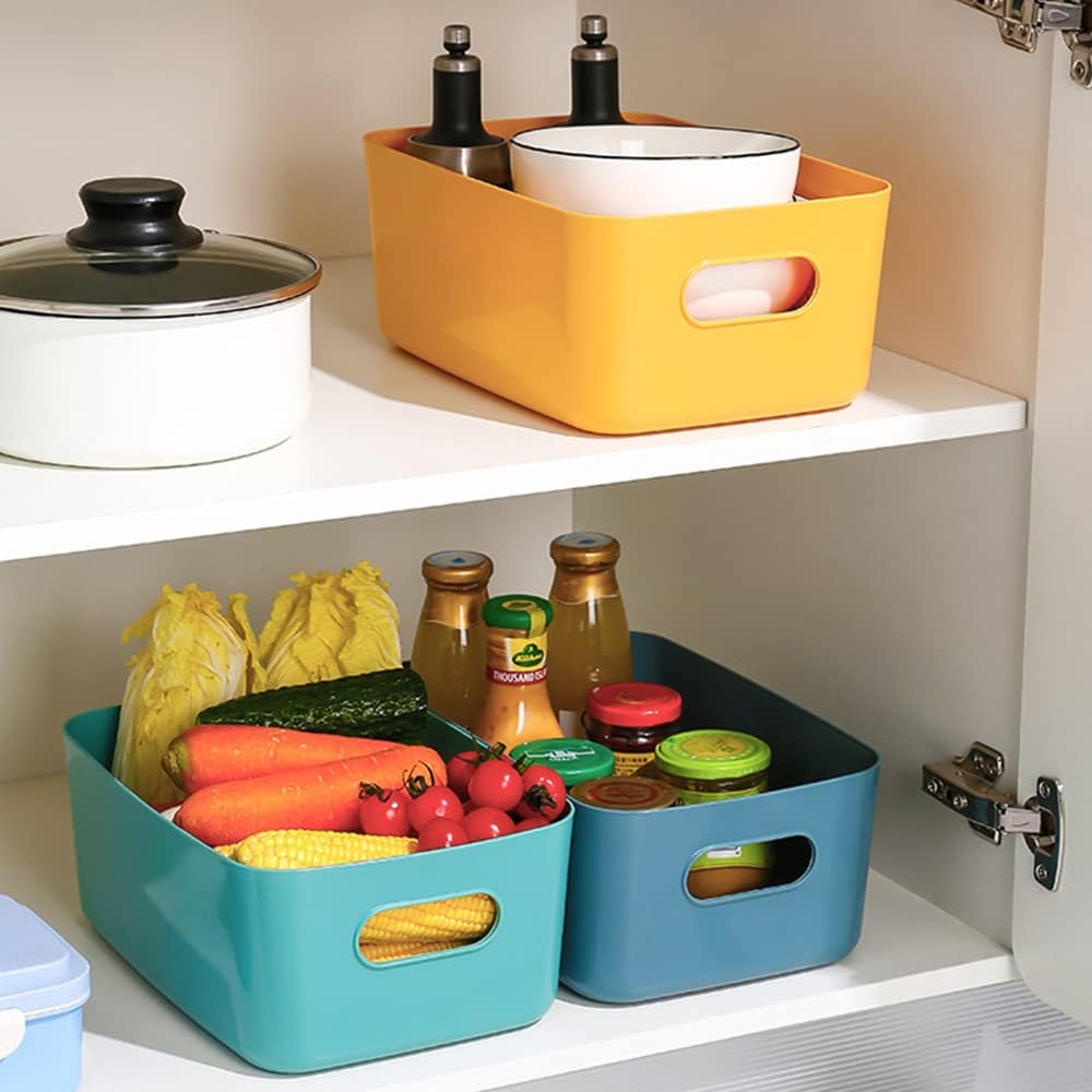 Cestas multiusos de 3 piezas, cajas organizadoras de plástico con asas, cajas apilables con asas (amarillas) 