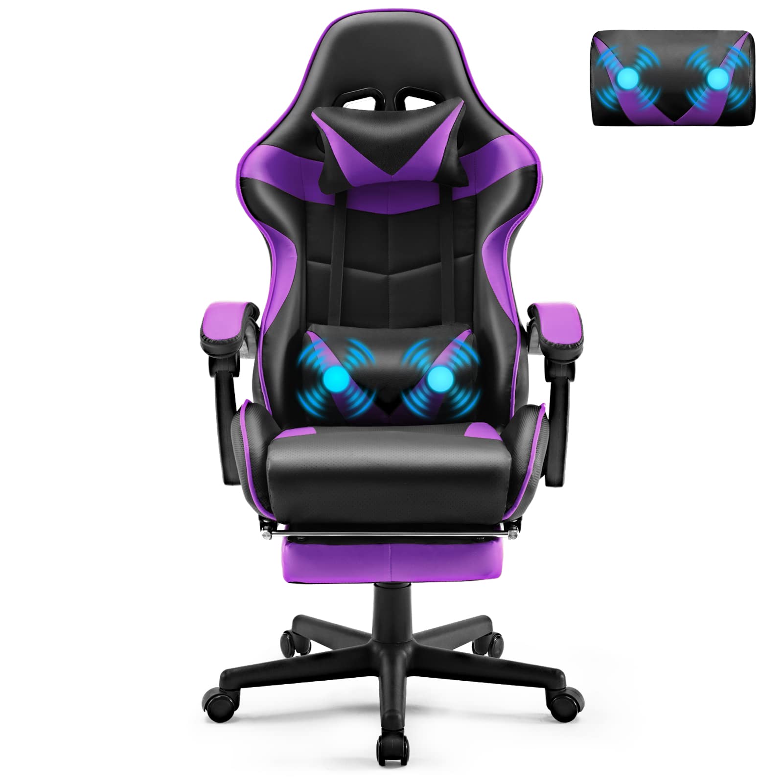 Silla gamer Soontrans con masajeador, reposapiés y reposacabezas, ergonómica, cojín de masaje lumbar, transmisión en vivo de YouTube y PlayStation (azul) 