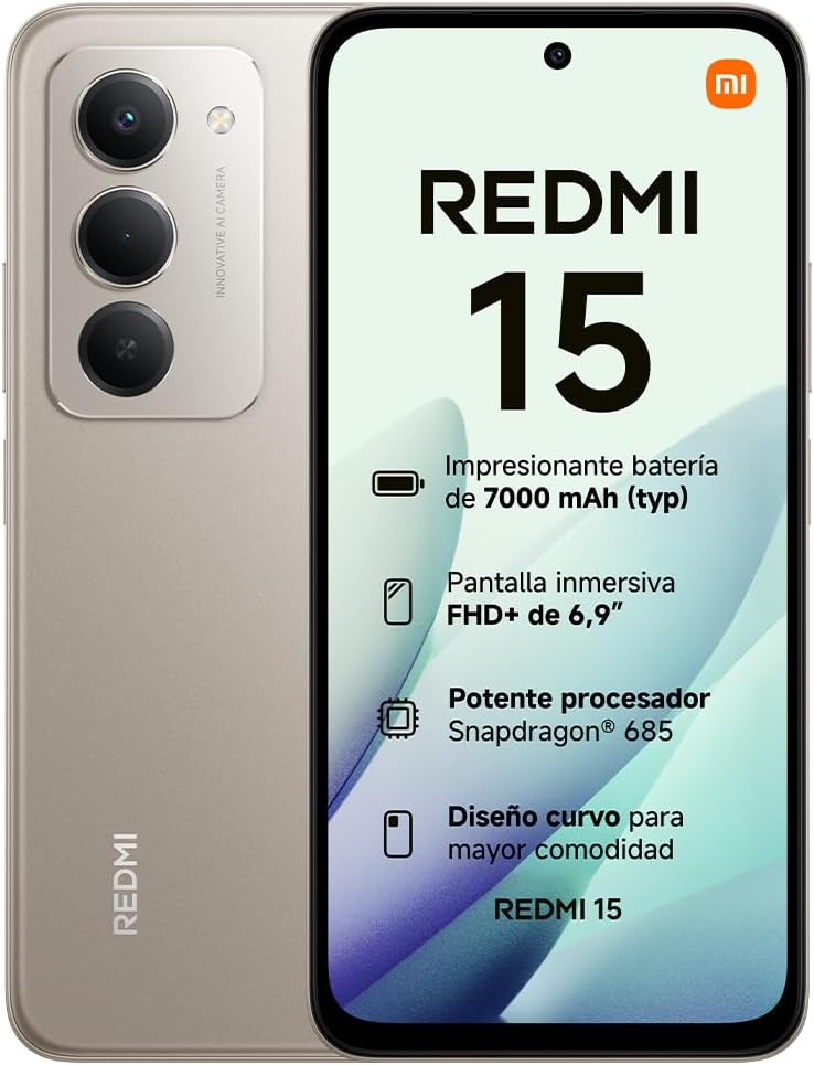 XIAOMI REDMI 15 - Smartphone de 8+256GB, Cámara Dual de 50MP con AI, Pantalla inmersiva de 6,9” FHD+, Snapdragon 685, Carga rápida de 33W, Cargador no Incluido, Gris (Versión ES)