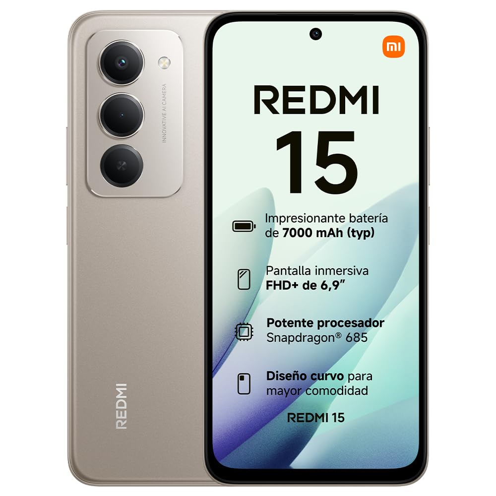 XIAOMI REDMI 15 - Smartphone de 8+256GB, Cámara Dual de 50MP con AI, Pantalla inmersiva de 6,9” FHD+, Snapdragon 685, Carga rápida de 33W, Cargador no Incluido, Gris (Versión ES)