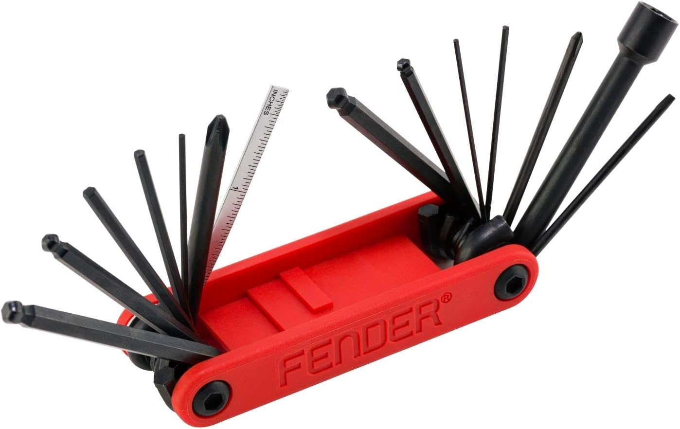 Fender Guitar,Bass Multi-Tool, 14-in-1 Maintenance Tool with Hex Wrenches, Screwdrivers, Truss Rod Socket, Durable Chrome Vanadium, Compact Design, Red