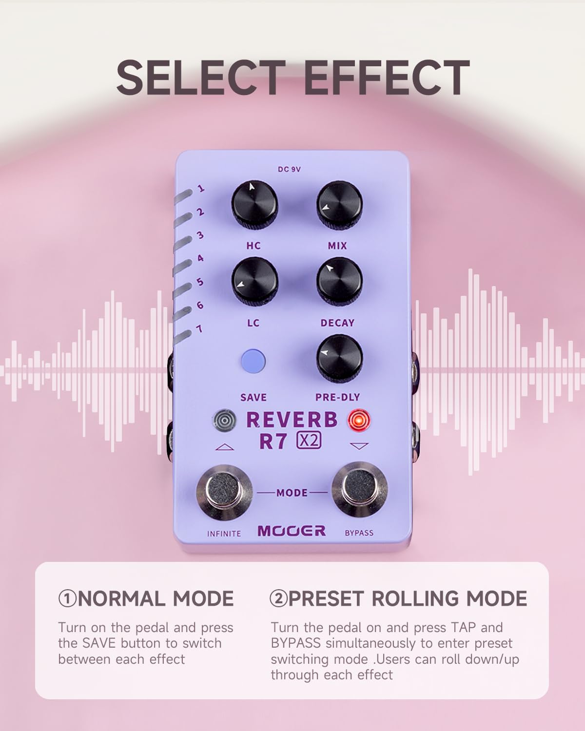 MOOER R7 X2 Stereo Multi Reverb Pedal from Classic Reverb to Modern Ambient, 14 different Reverb types with High Cut, Low Cut, Mix Parameter Knobs and Infinite and Trail-on functions