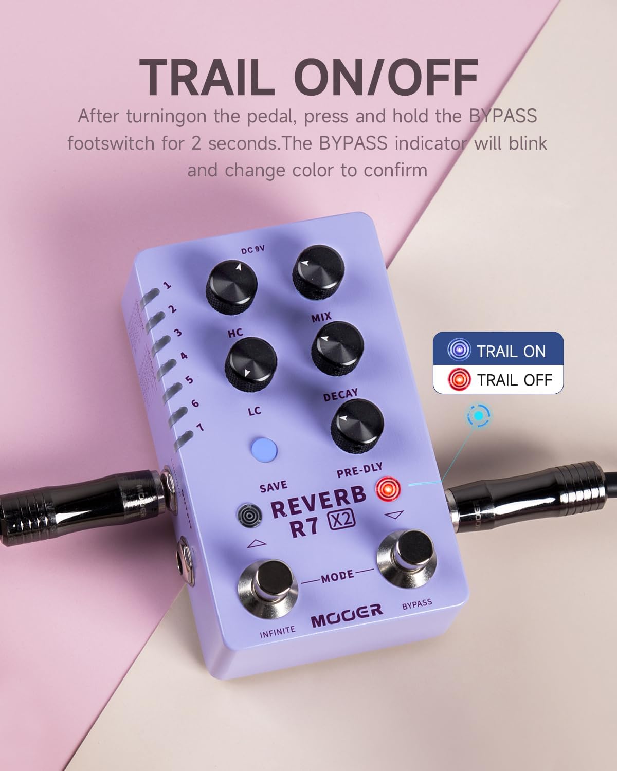 MOOER R7 X2 Stereo Multi Reverb Pedal from Classic Reverb to Modern Ambient, 14 different Reverb types with High Cut, Low Cut, Mix Parameter Knobs and Infinite and Trail-on functions