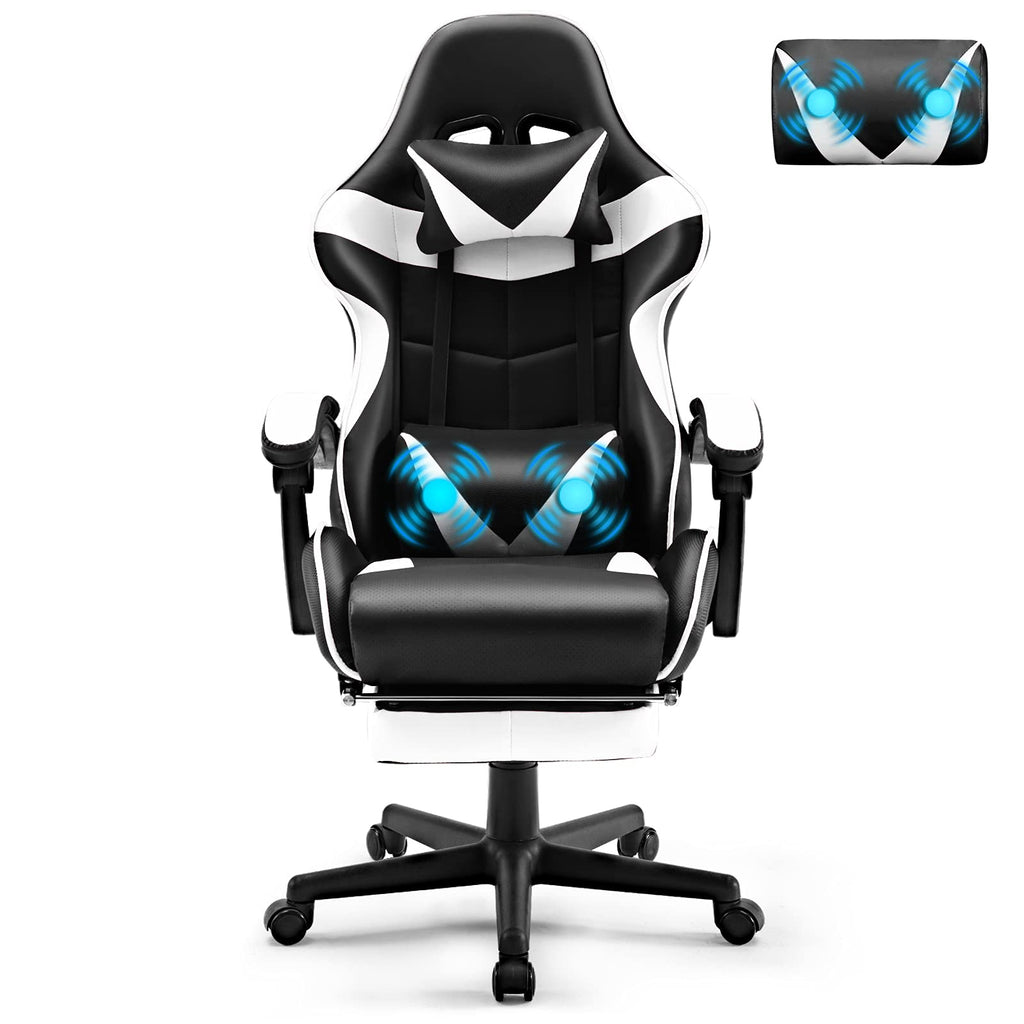 Silla gamer Soontrans con masajeador, reposapiés y reposacabezas, ergonómica, cojín de masaje lumbar, transmisión en vivo de YouTube y PlayStation (azul) 