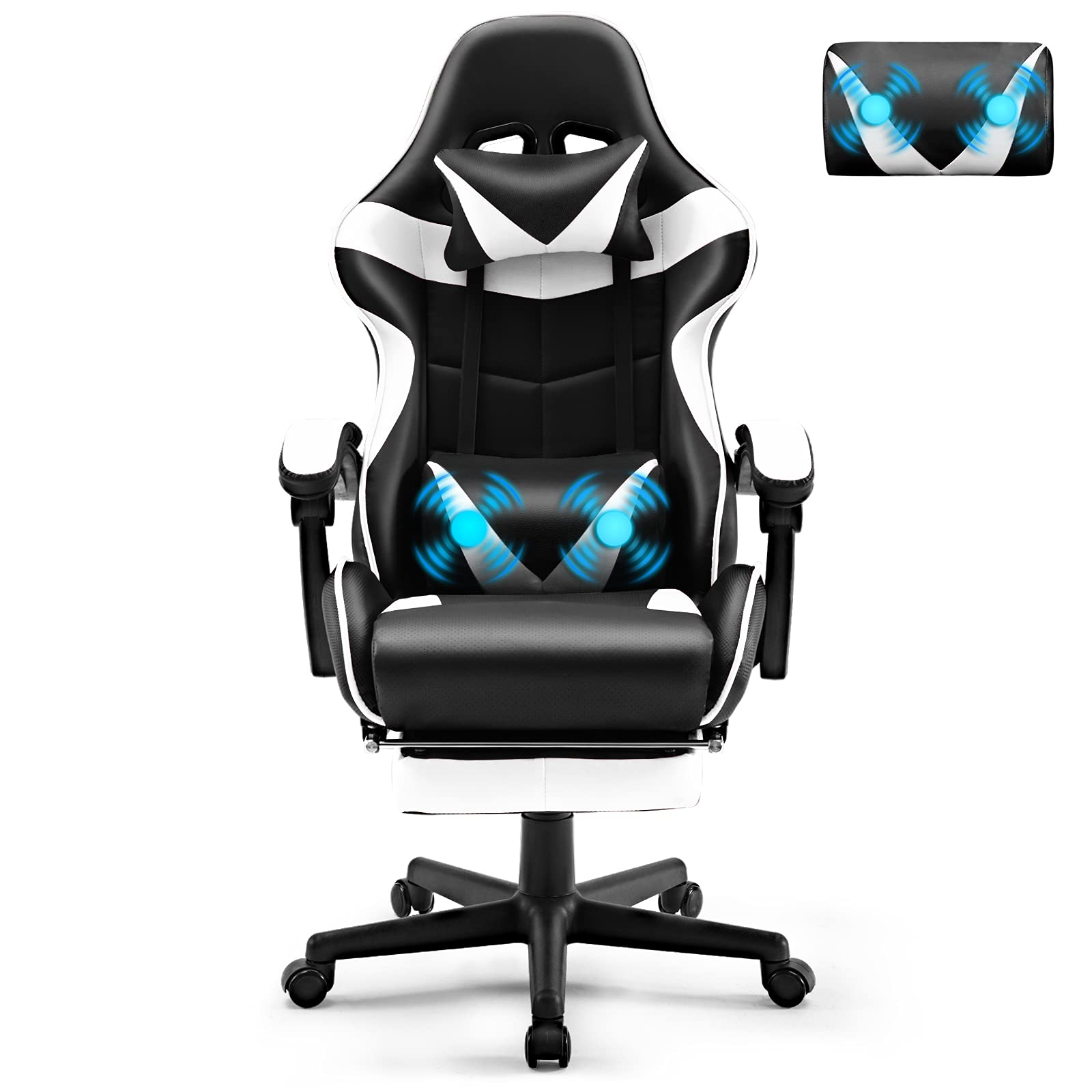 Silla gamer Soontrans con masajeador, reposapiés y reposacabezas, ergonómica, cojín de masaje lumbar, transmisión en vivo de YouTube y PlayStation (azul) 