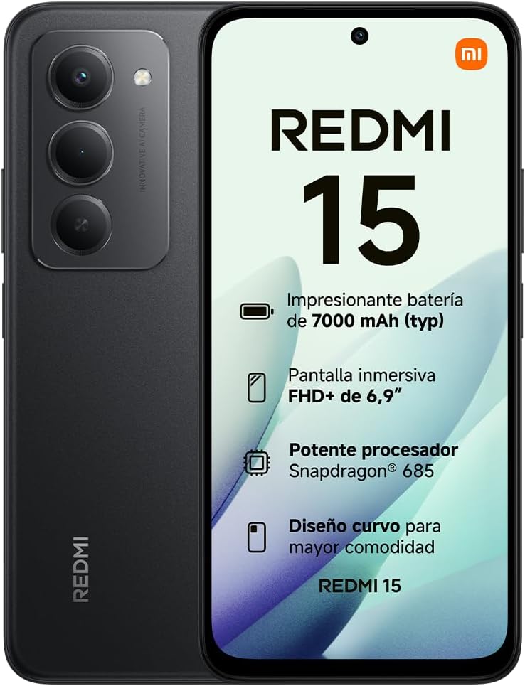 XIAOMI REDMI 15 - Smartphone de 8+256GB, Cámara Dual de 50MP con AI, Pantalla inmersiva de 6,9” FHD+, Snapdragon 685, Carga rápida de 33W, Cargador no Incluido, Negro (Versión ES)