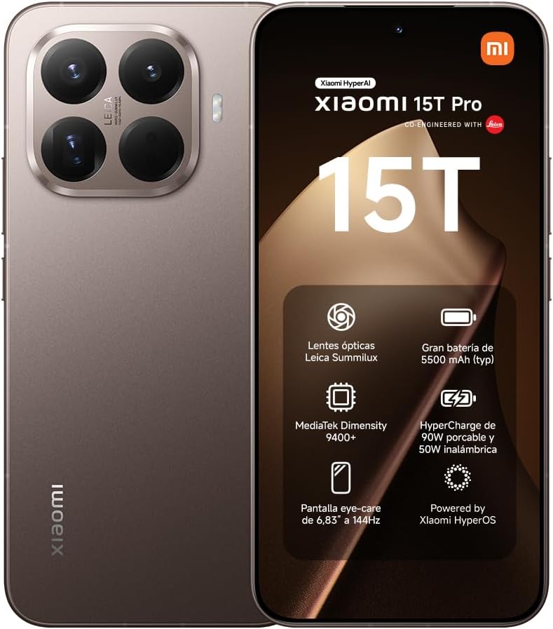 XIAOMI 15T Pro - Smartphone de 12+1024GB, Lente óptica Leica Summilux, MediaTek Dimensity 9400+, Pantalla Eye Care de 6,83" 144 Hz, HyperCharge de 90W, Cargador no Incluido, Mocha Gold (Versión ES)
