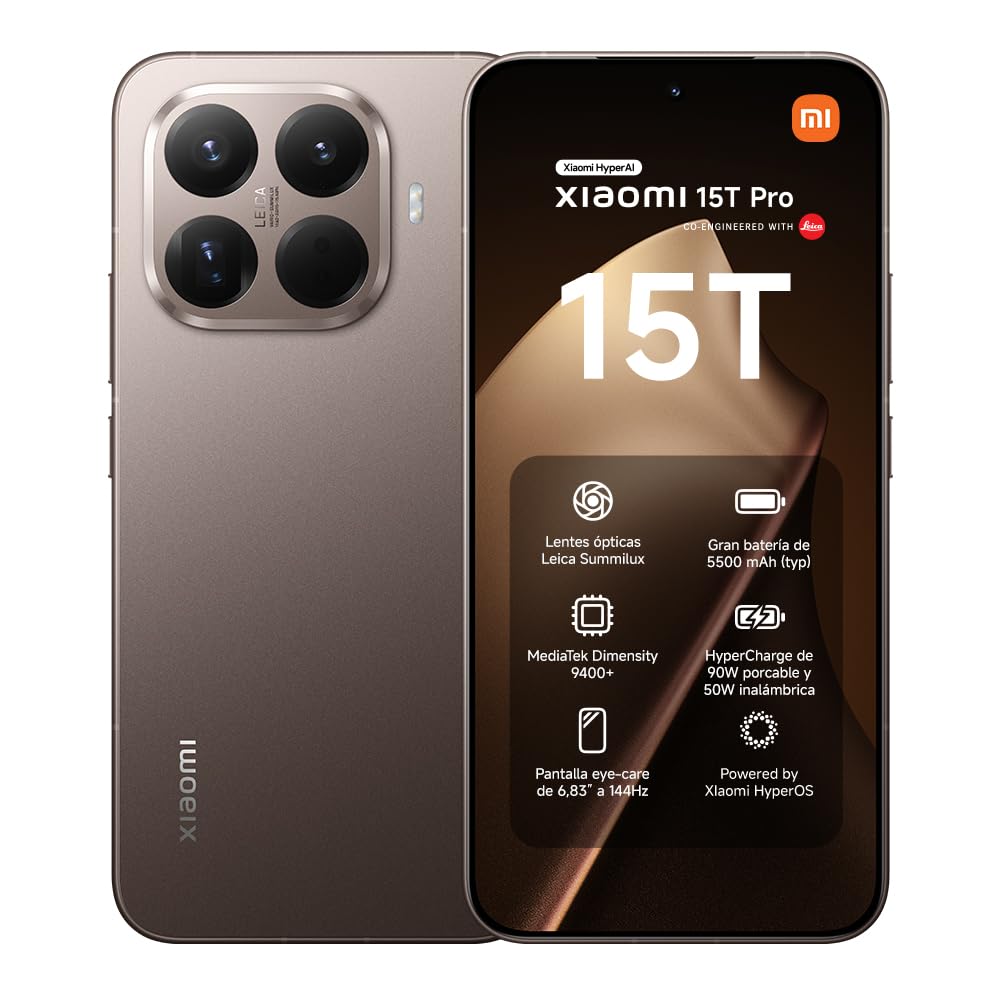 XIAOMI 15T Pro - Smartphone de 12+1024GB, Lente óptica Leica Summilux, MediaTek Dimensity 9400+, Pantalla Eye Care de 6,83" 144 Hz, HyperCharge de 90W, Cargador no Incluido, Mocha Gold (Versión ES)