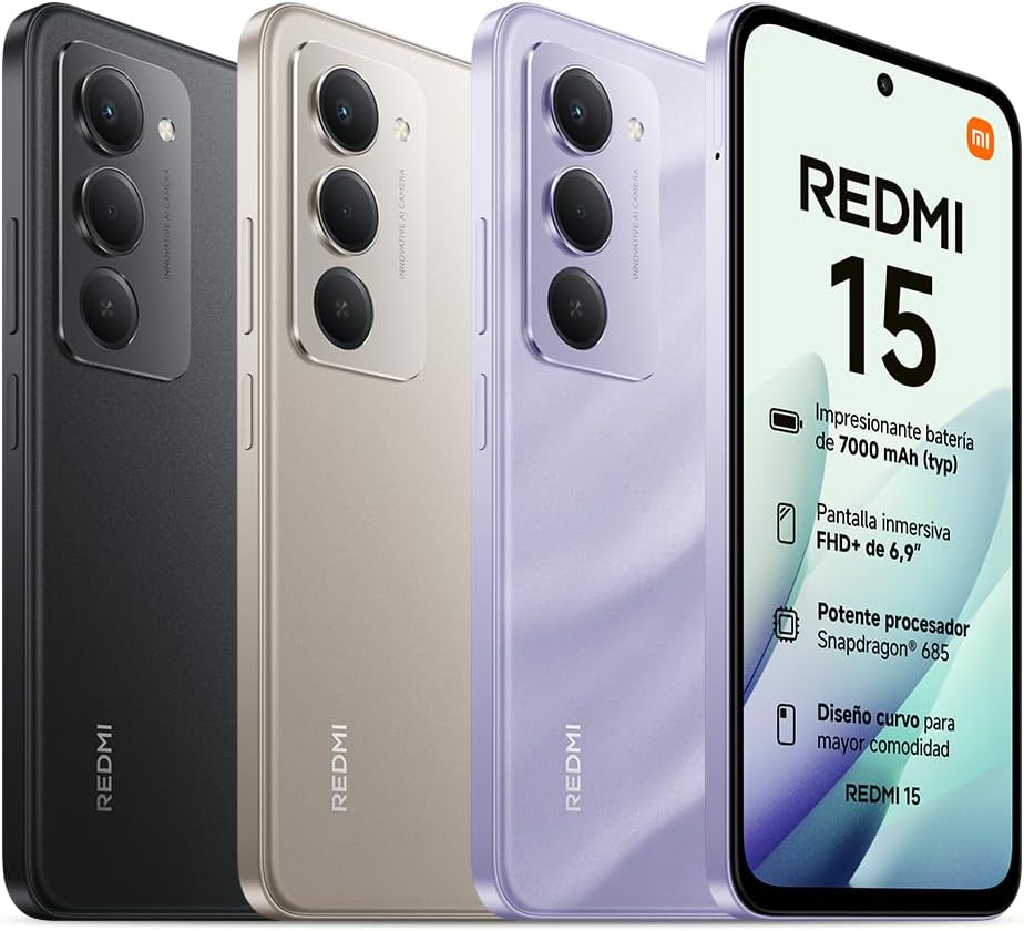 XIAOMI REDMI 15 - Smartphone de 8+256GB, Cámara Dual de 50MP con AI, Pantalla inmersiva de 6,9” FHD+, Snapdragon 685, Carga rápida de 33W, Cargador no Incluido, Negro (Versión ES)