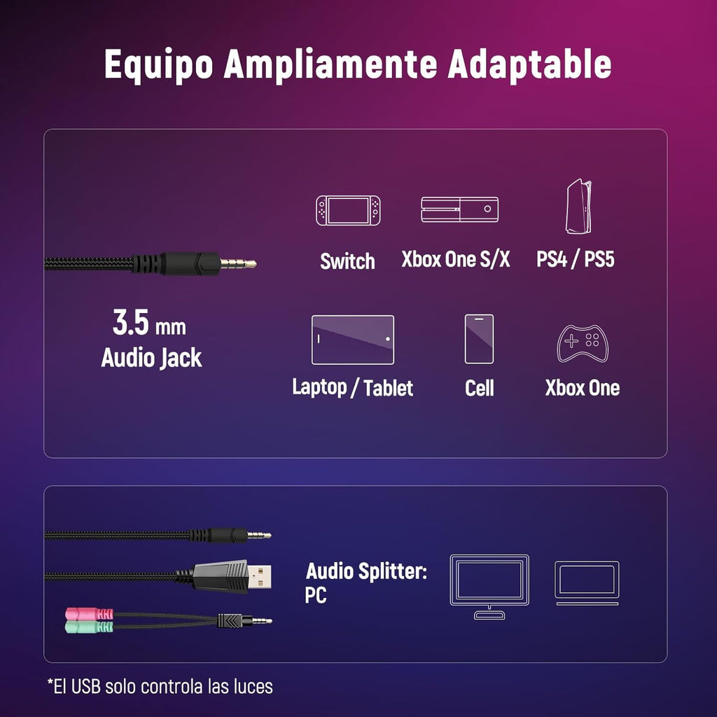 Gaming headset, gaming headset with rotating microphone, RGB light, premium stereo, lightweight comfortable earmuffs, for PS4 PS5 Xbox PC Switch Tablet Laptop 