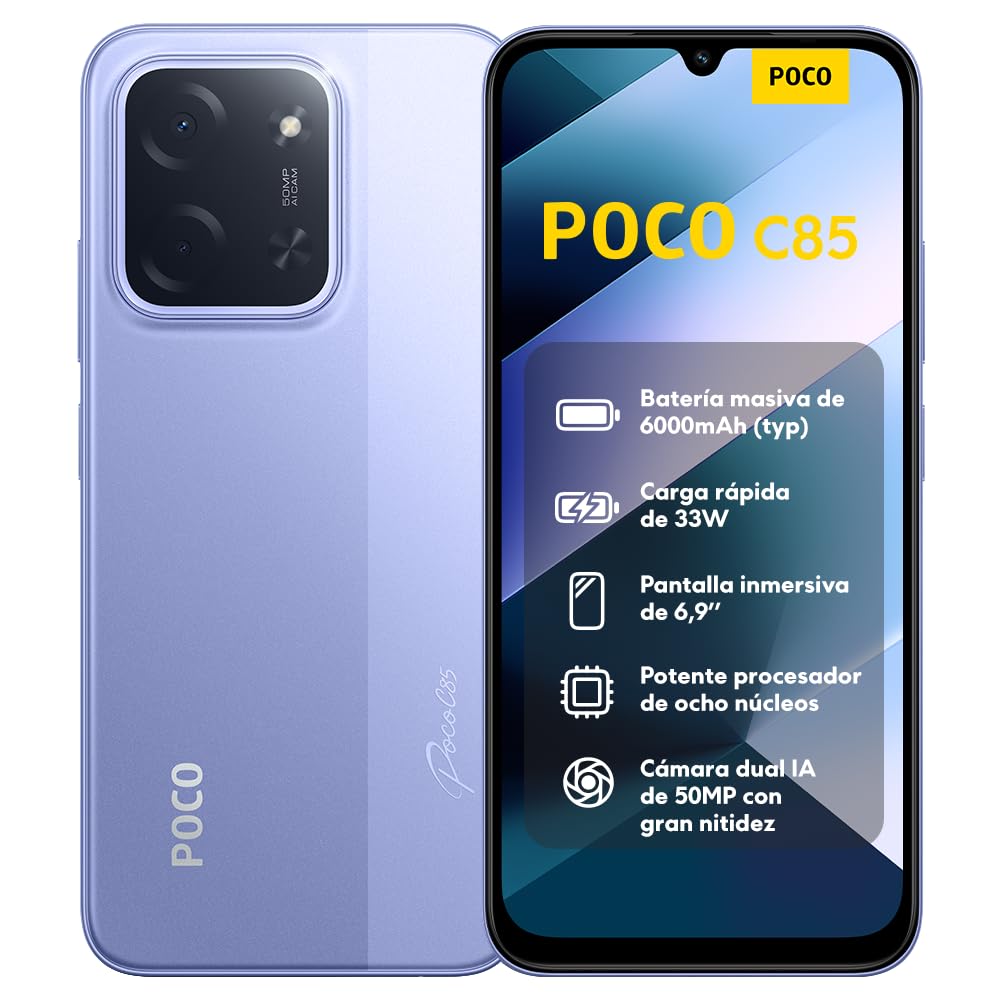 XIAOMI POCO C85 - Smartphone de 8+256GB, Cámara Dual de 50MP con AI, Pantalla inmersiva de 6,9”, Potente procesador Octa-Core, Carga rápida de 33W, 6000mAh, Cargador no Incluido, Verde (Versión ES)