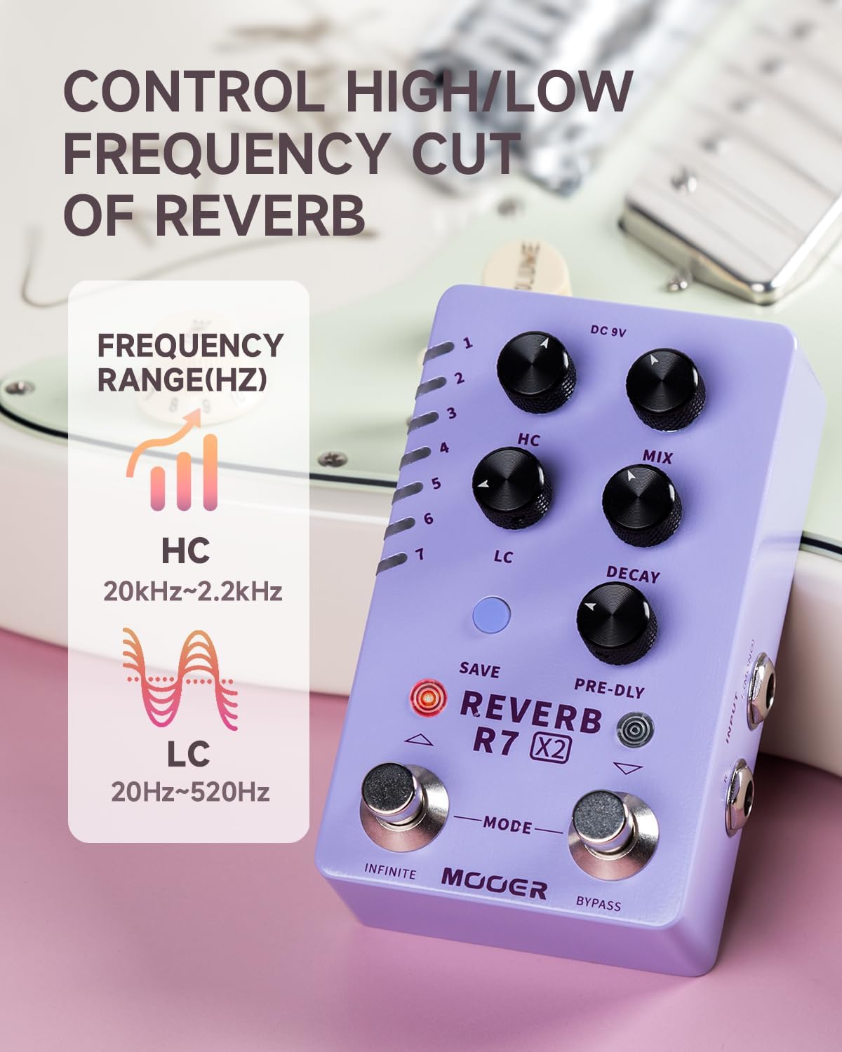 MOOER R7 X2 Stereo Multi Reverb Pedal from Classic Reverb to Modern Ambient, 14 different Reverb types with High Cut, Low Cut, Mix Parameter Knobs and Infinite and Trail-on functions