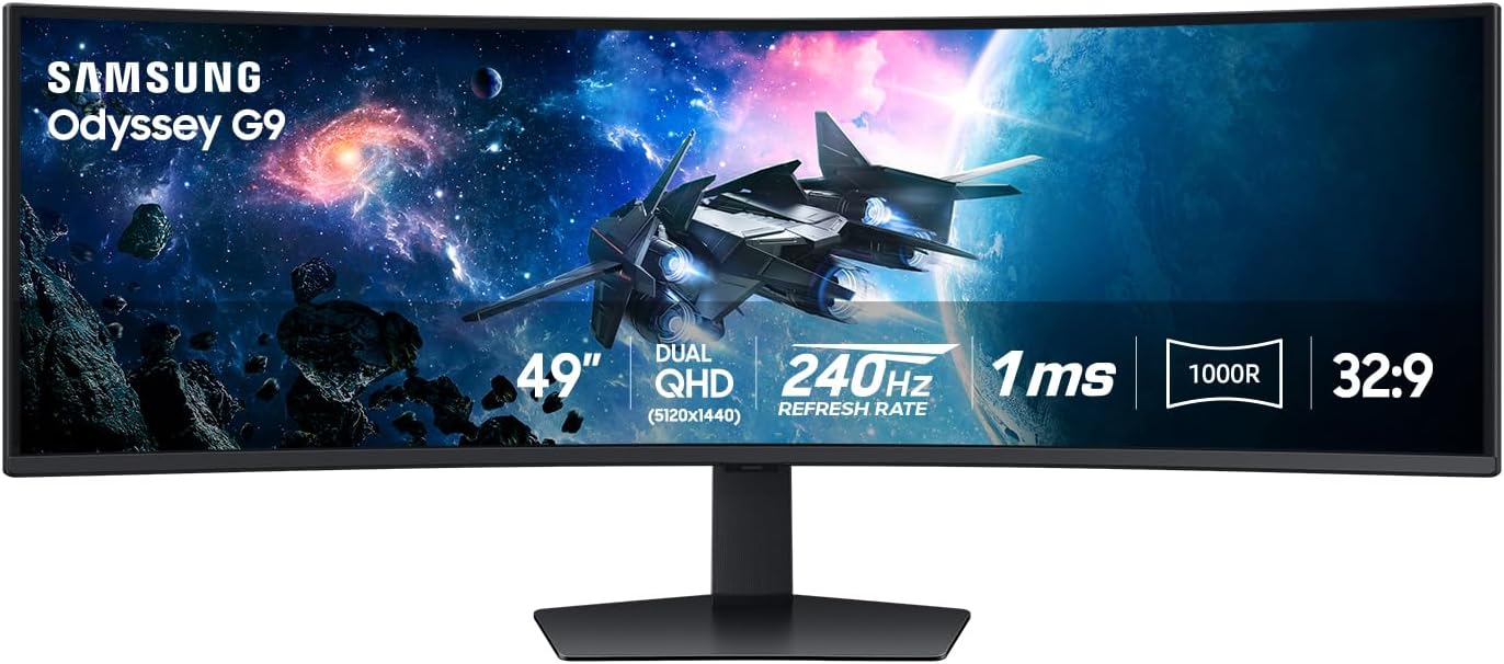 Samsung 49” Odyssey G9 Series DQHD 1000R Curved Gaming Monitor, 1ms(GtG), VESA DisplayHDR 1000, 240Hz, AMD FreeSync Premium Pro, Height Adjustable Stand, Ultrawide Screen, LS49CG954ENXZA, 2024