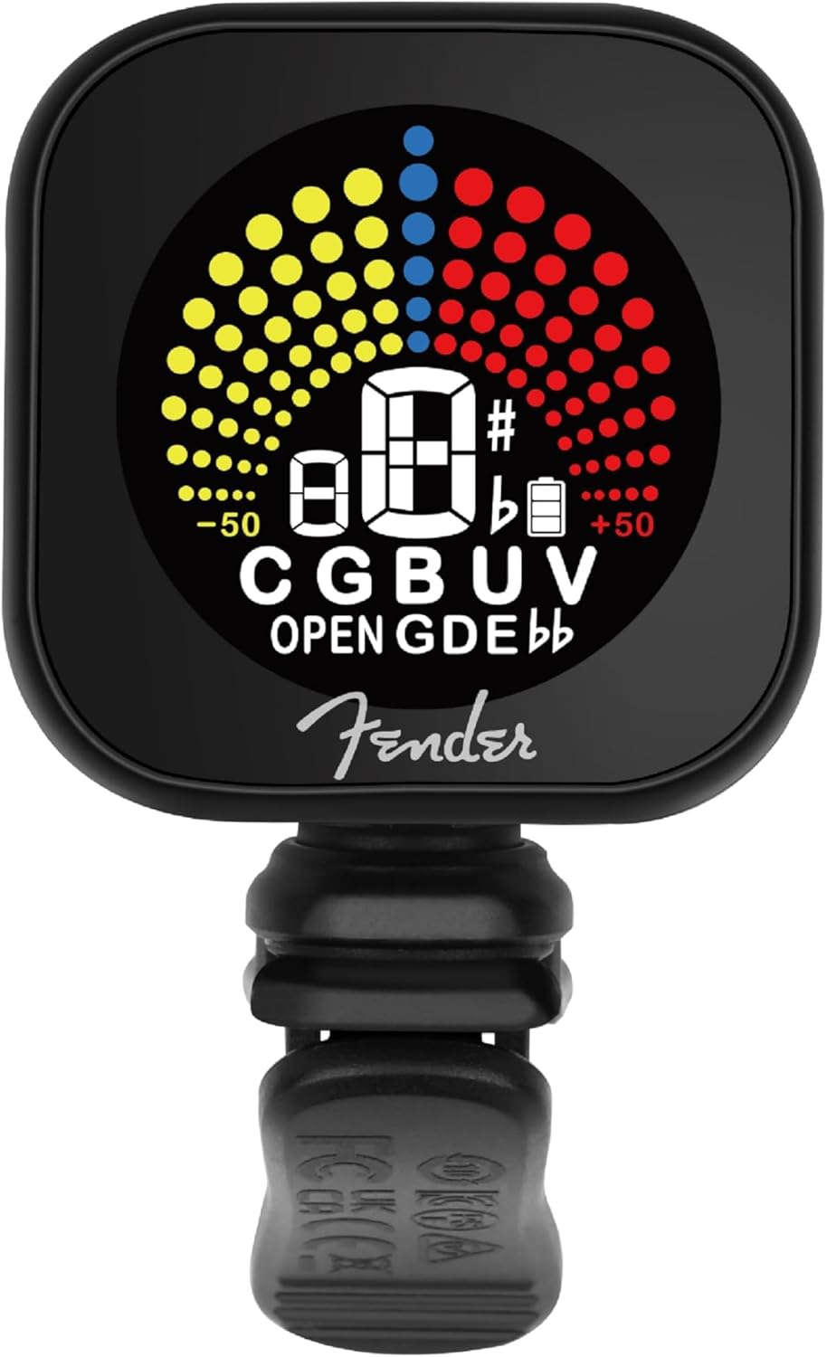 Fender Flash 2.0 Afinador de Pinza Recargable, 20 Horas de Batería, Pantalla LCD, Cromático, Guitarra, Bajo, Ukelele, Violín, Afinaciones Alternativas Abiertas, Cable Micro USB Incluido