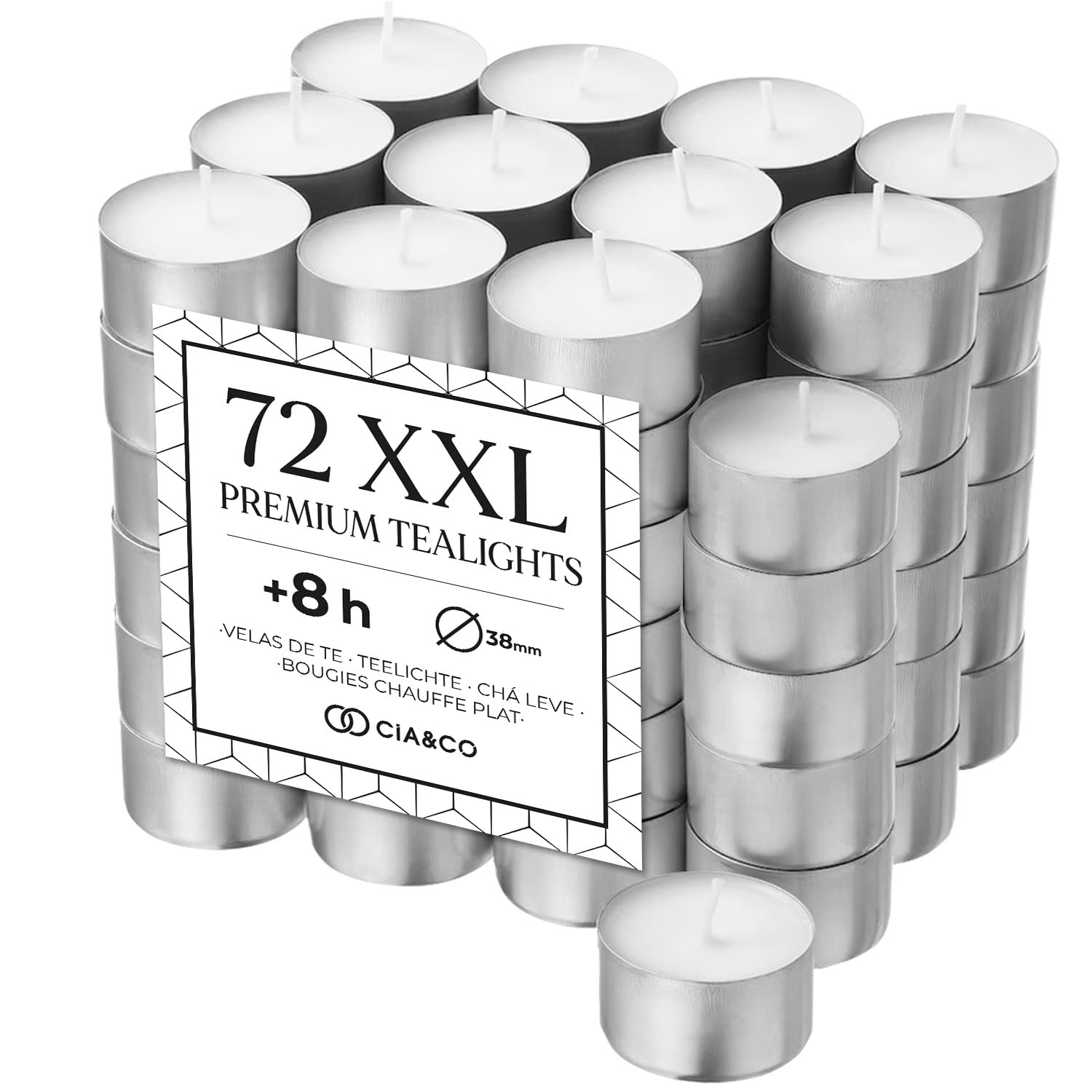 Cia&Co Pack of 108 Tea Lights 8 Hours XXL Long Lasting Round White Candles + 8 Hours Unscented and 100% Paraffin, Diameter 38 mm, Ideal Hospitality Without Odor