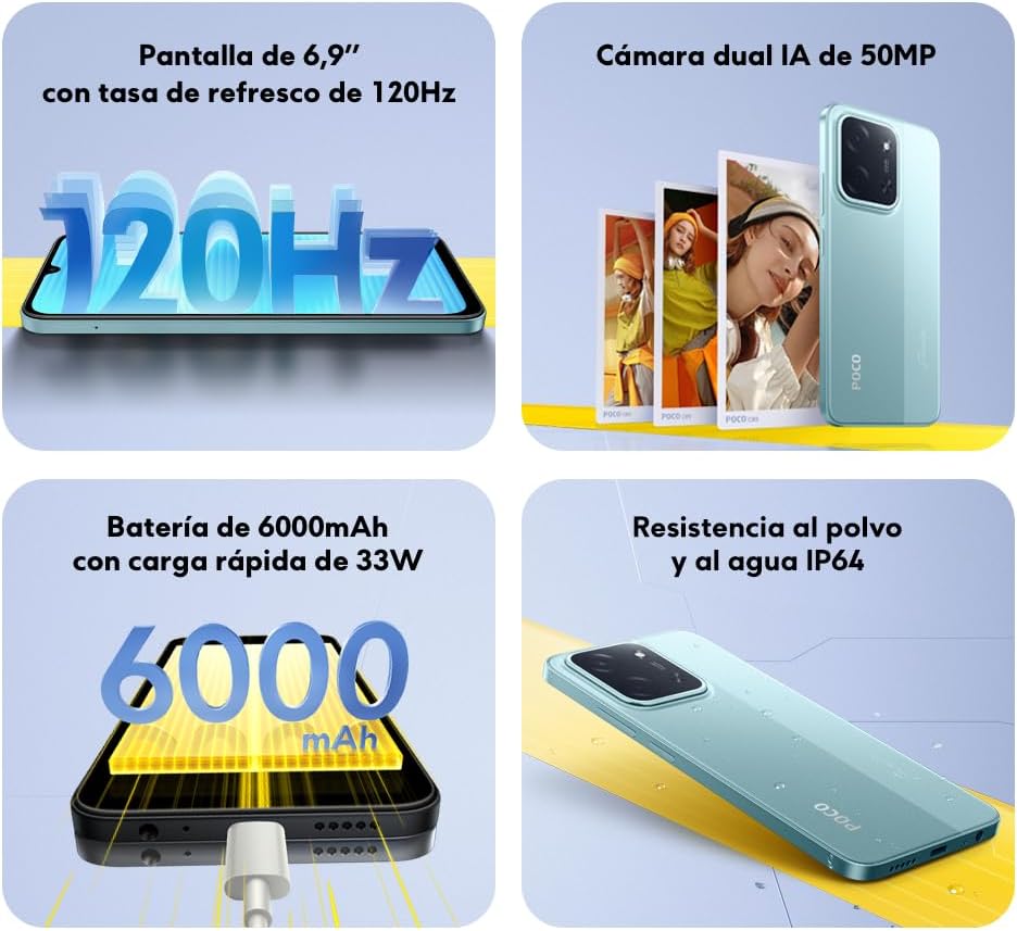 XIAOMI POCO C85 - Smartphone de 8+256GB, Cámara Dual de 50MP con AI, Pantalla inmersiva de 6,9”, Potente procesador Octa-Core, Carga rápida de 33W, 6000mAh, Cargador no Incluido, Verde (Versión ES)