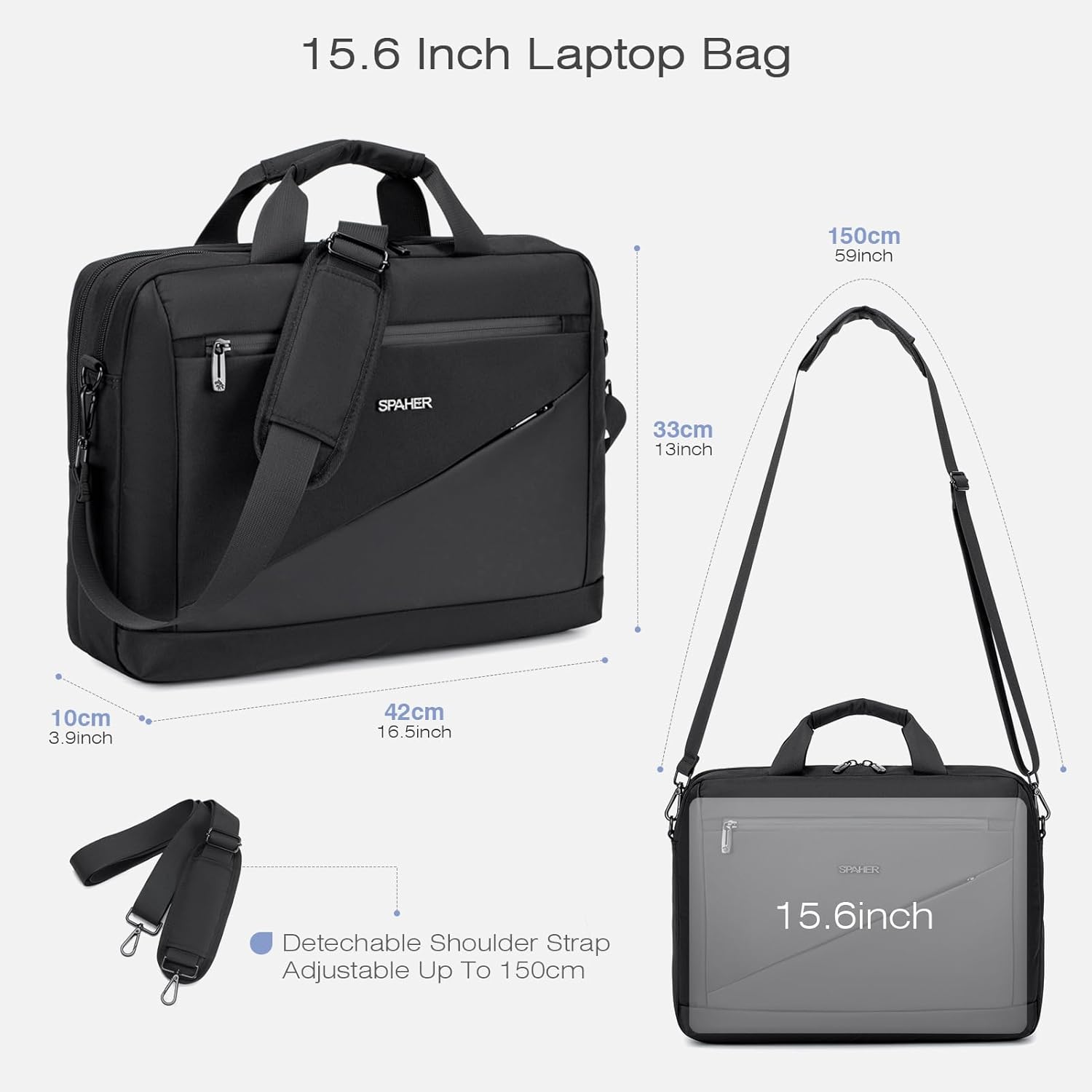 SPAHER Mala de tiracolo portátil 15,6/16 polegadas mala de transporte portátil para computador mala de mensageiro de ombro portátil trabalho mala computador portátil, preto
