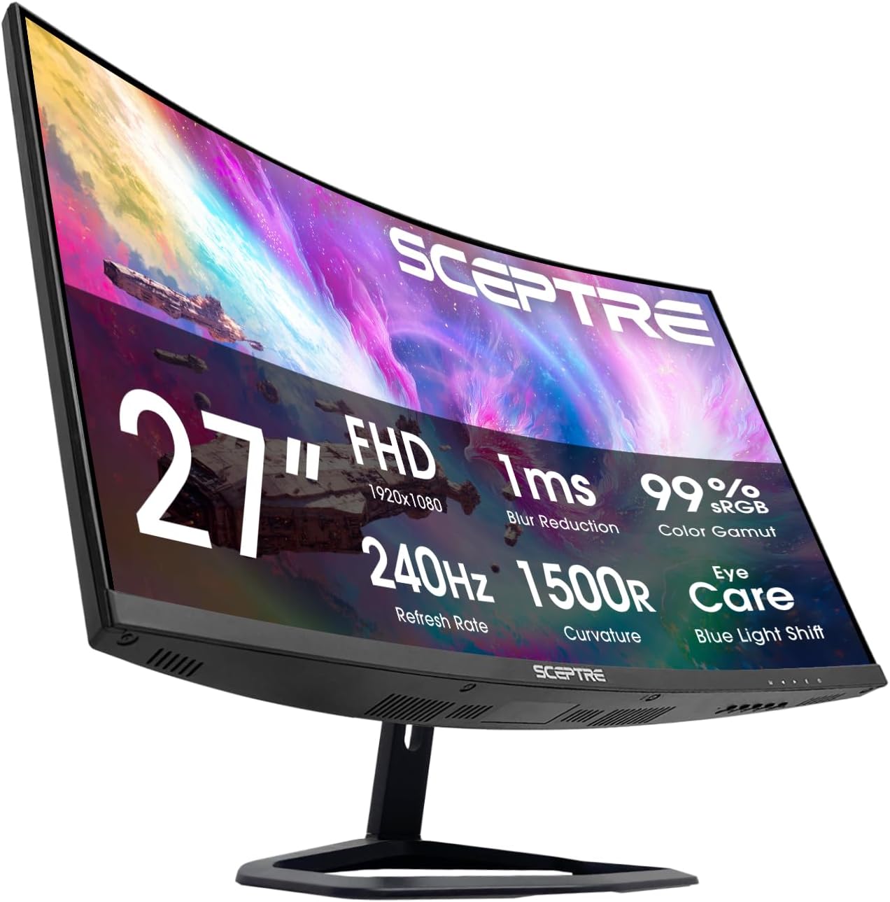 Sceptre New Curved 24.5-inch Gaming Monitor up to 240Hz 1080p R1500 1ms DisplayPort x2 HDMI x2 Blue Light Shift Build-in Speakers, Machine Black 2025 (C255B-FWT240 Series)