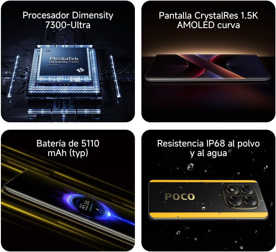 XIAOMI POCO X7 - Smartphone de 12+512GB, Pantalla CrystalRes 1.5K AMOLED Curva, MediaTek Dimensity 7300-Ultra, Cámara de 50 MP, Carga Turbo de 45W, Cargador no Incluido, Plata (Versión ES)