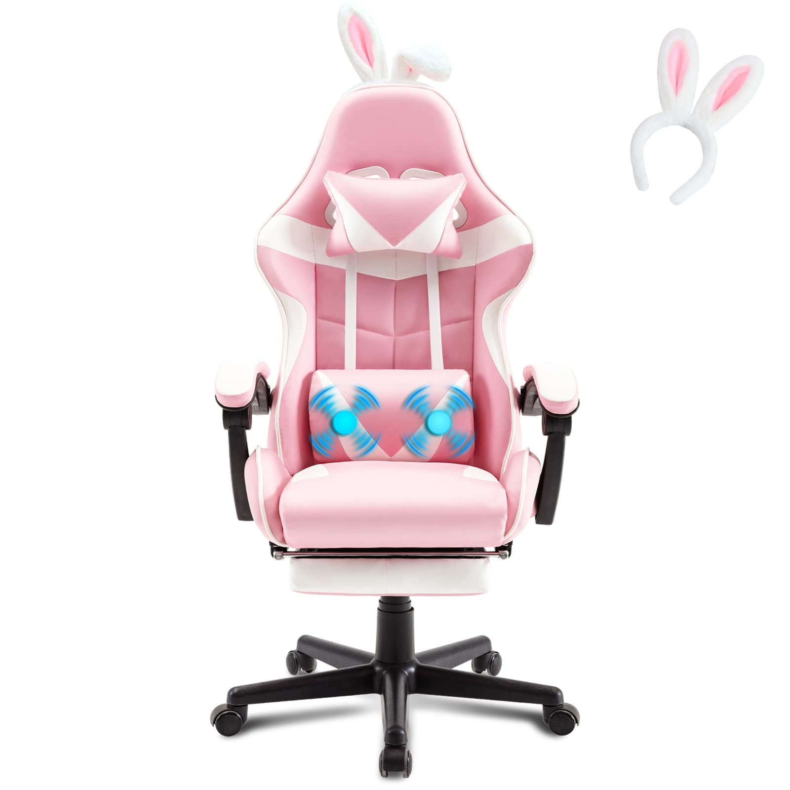 Silla gamer Soontrans con masajeador, reposapiés y reposacabezas, ergonómica, cojín de masaje lumbar, transmisión en vivo de YouTube y PlayStation (azul) 