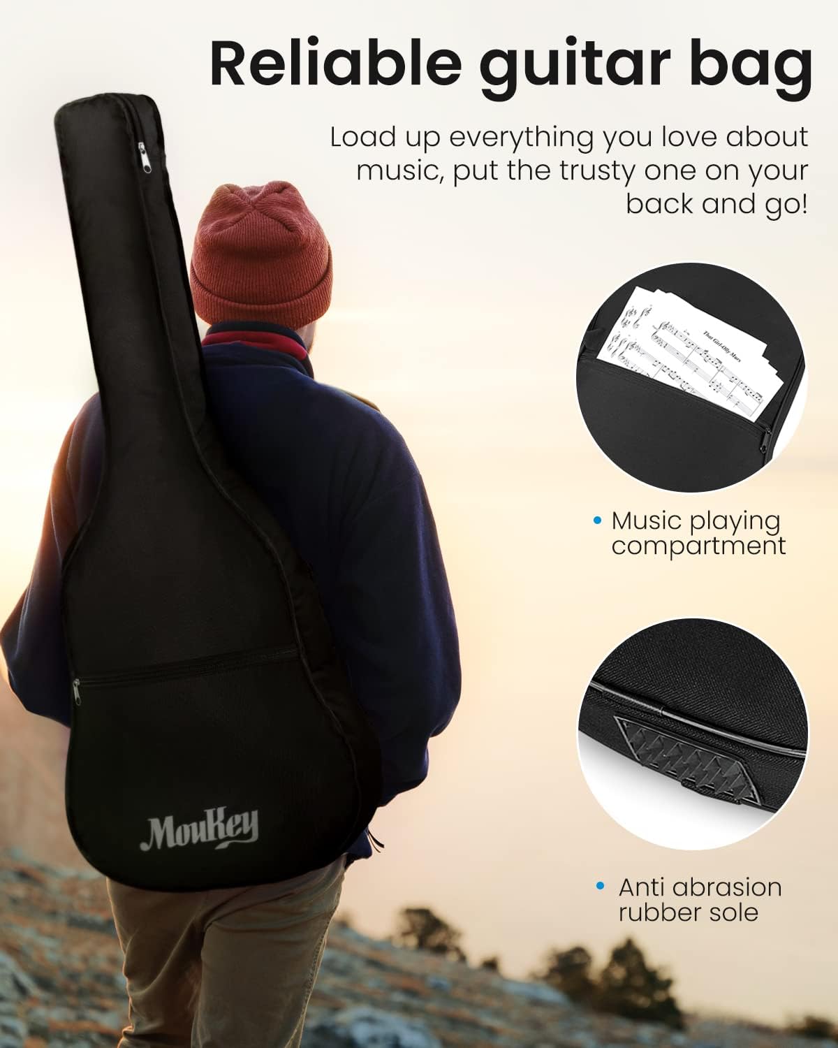 Moukey Acoustic Guitar Full Size Kits for Beginners Adults 4/4 de 41" Guitar Bundles com Chord Poster, Gig Bag, Tuner, Steel Strings, Strap, natural