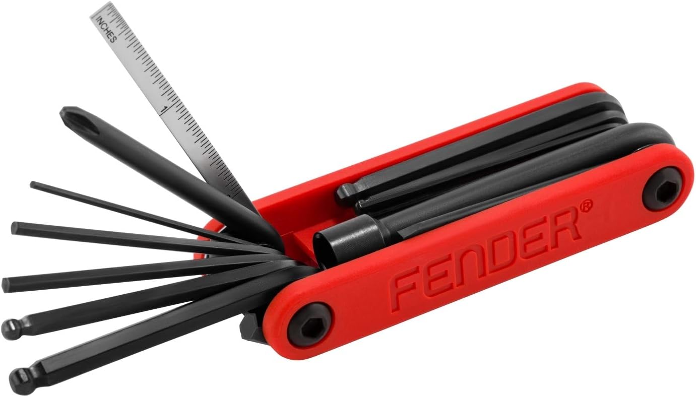 Fender Guitar,Bass Multi-Tool, 14-in-1 Maintenance Tool with Hex Wrenches, Screwdrivers, Truss Rod Socket, Durable Chrome Vanadium, Compact Design, Red