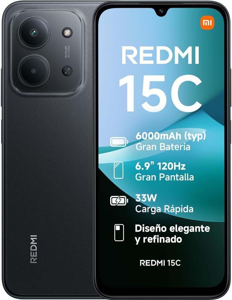 XIAOMI Redmi 15C - Smartphone de 4+128GB, Cámara Dual con IA de 50 MP, Pantalla inmersiva de 6,9" 120 Hz, Potente procesador octacore, Carga rápida de 33W, Cargador no Incluido, Negro (Versión ES)