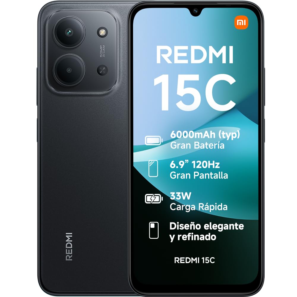 XIAOMI Redmi 15C - Smartphone de 4+128GB, Cámara Dual con IA de 50 MP, Pantalla inmersiva de 6,9" 120 Hz, Potente procesador octacore, Carga rápida de 33W, Cargador no Incluido, Negro (Versión ES)