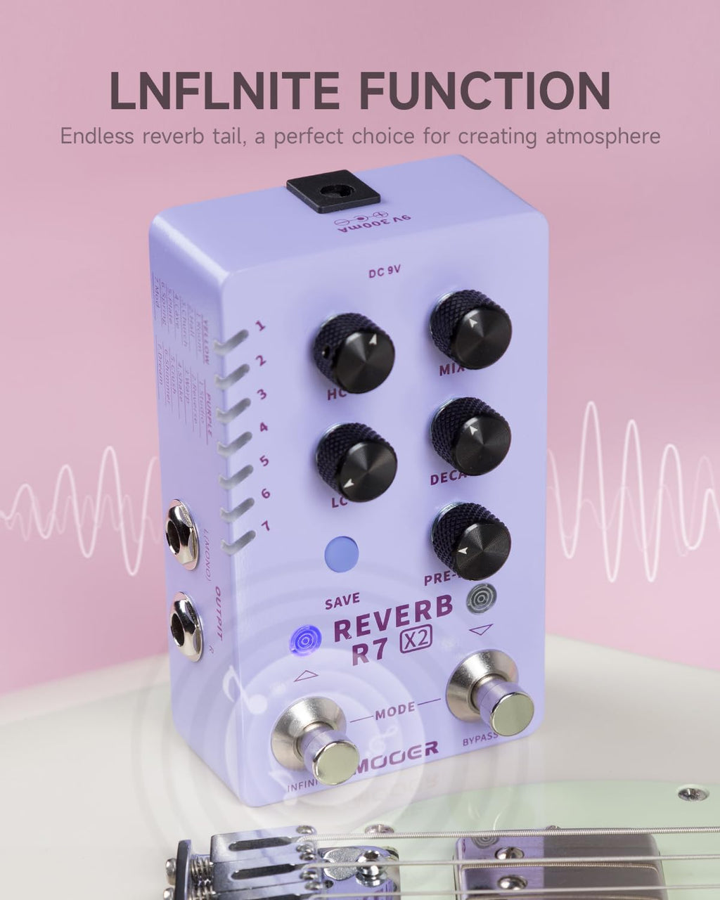 MOOER R7 X2 Stereo Multi Reverb Pedal from Classic Reverb to Modern Ambient, 14 different Reverb types with High Cut, Low Cut, Mix Parameter Knobs and Infinite and Trail-on functions