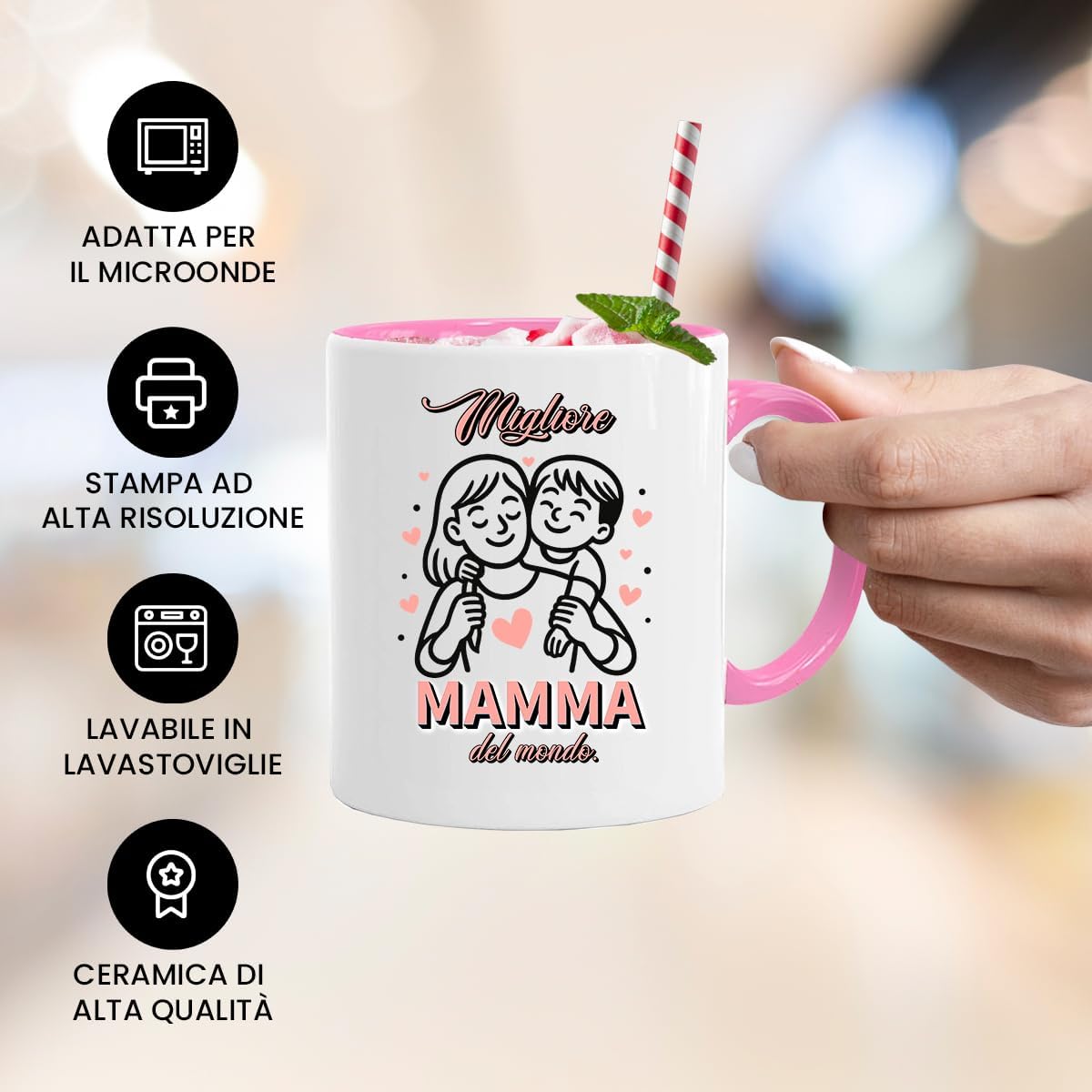 Jungle Mug Migliore Mamma del ondo caneca | ideia de presente italiana para o dia da mãe | ideia de presente amorosa para mãe com coração e criança