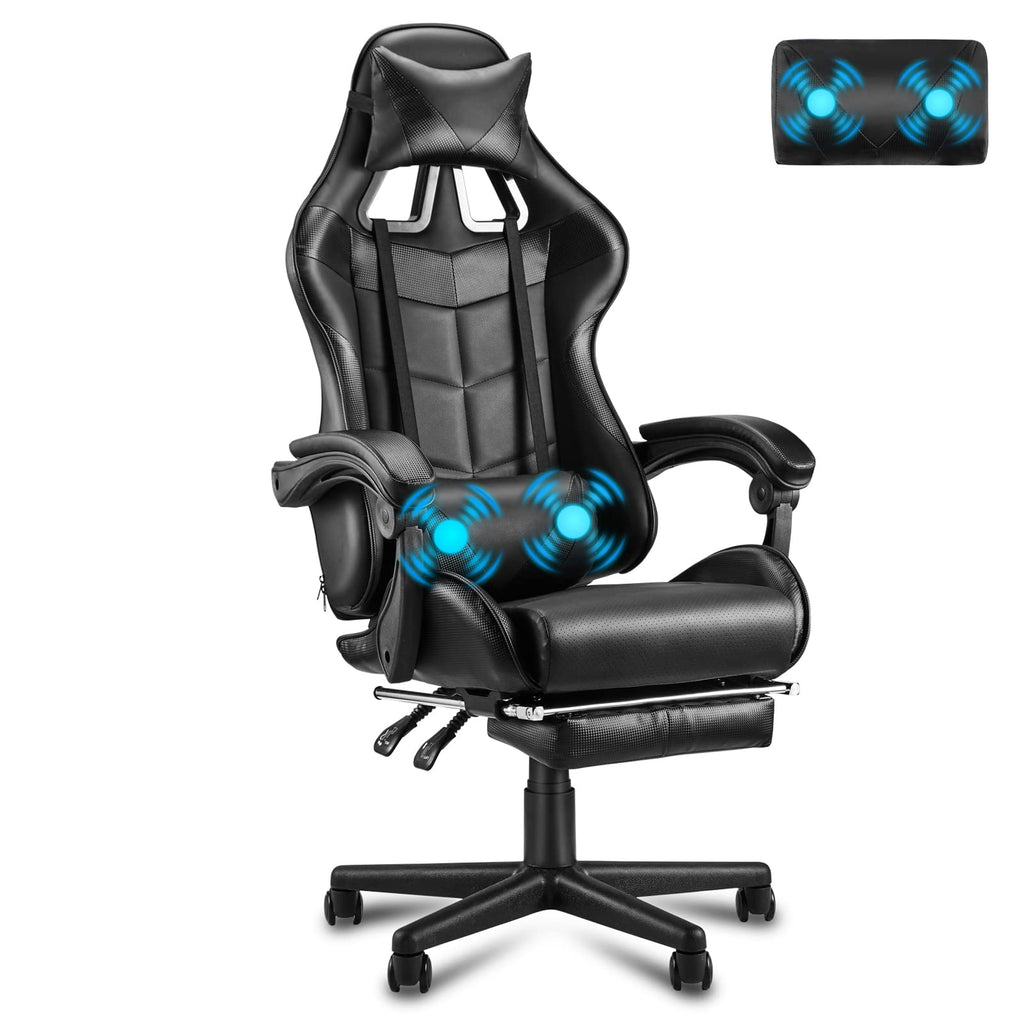 Silla gamer Soontrans con masajeador, reposapiés y reposacabezas, ergonómica, cojín de masaje lumbar, transmisión en vivo de YouTube y PlayStation (azul) 